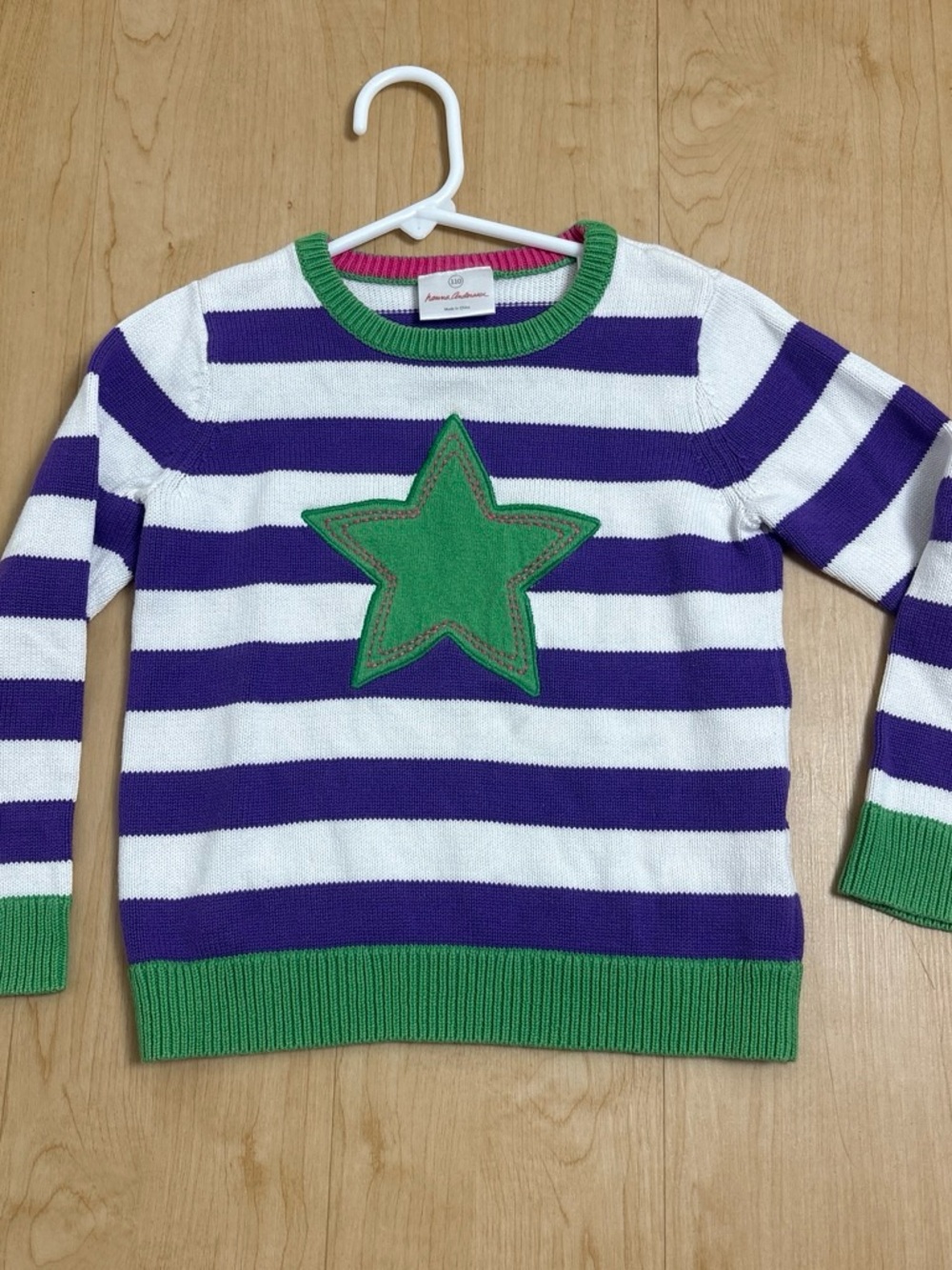 Hanna Andersson Purple and White Striped Sweater with Green Star